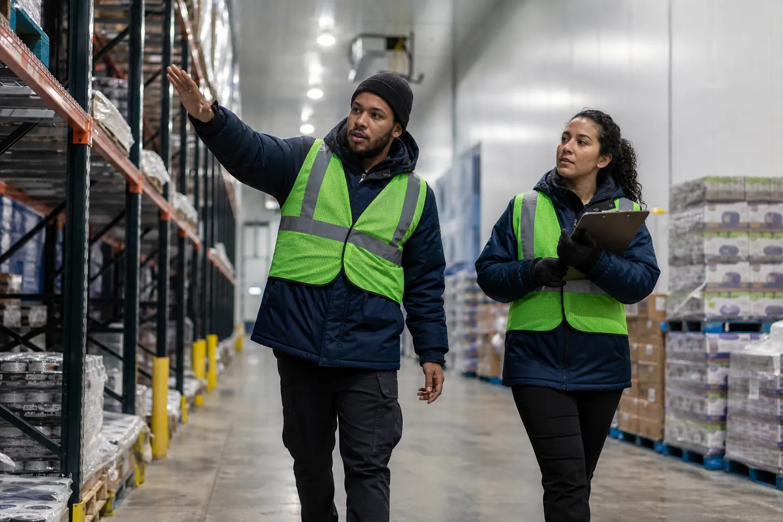 logistics professionals walking the floor of a grocery distribution center during a facility assessment