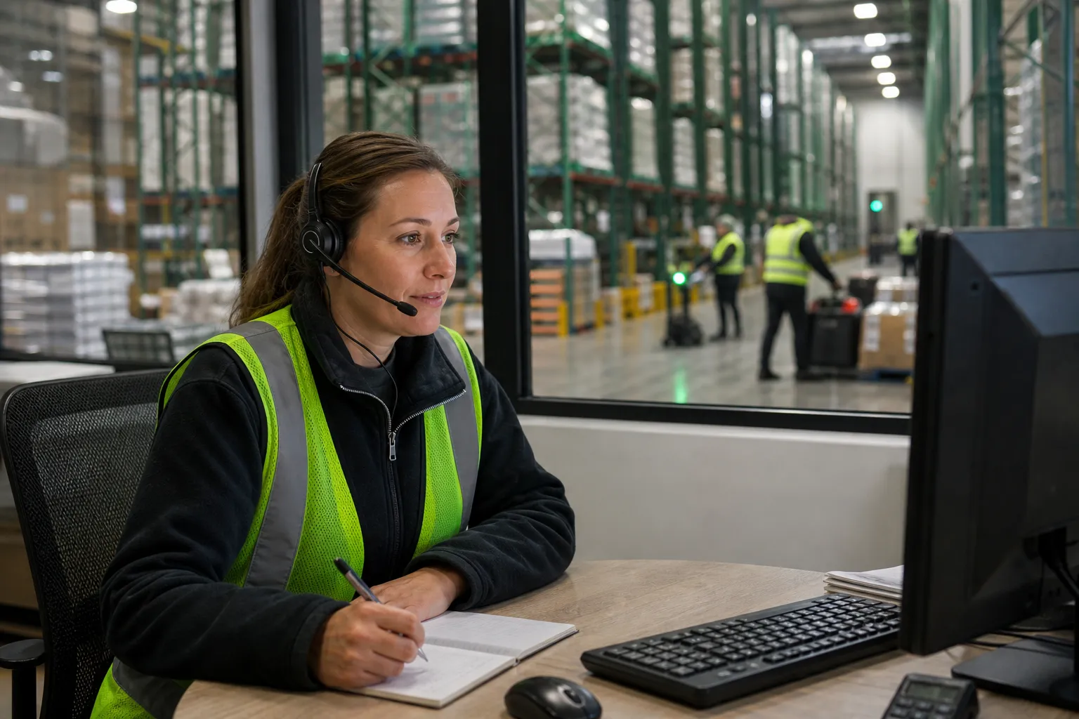 warehouse account manager on a headset at a desk overlooking a refrigerated distribution center floor