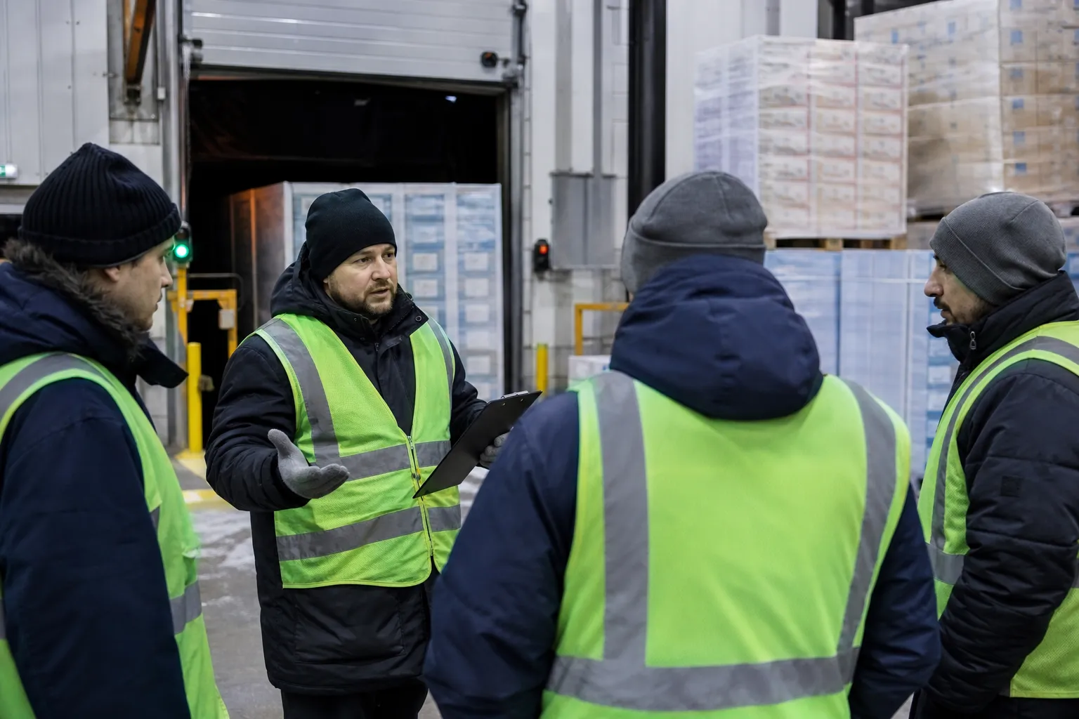 crew supervisor briefing workers at a refrigerated dock door in a grocery distribution center