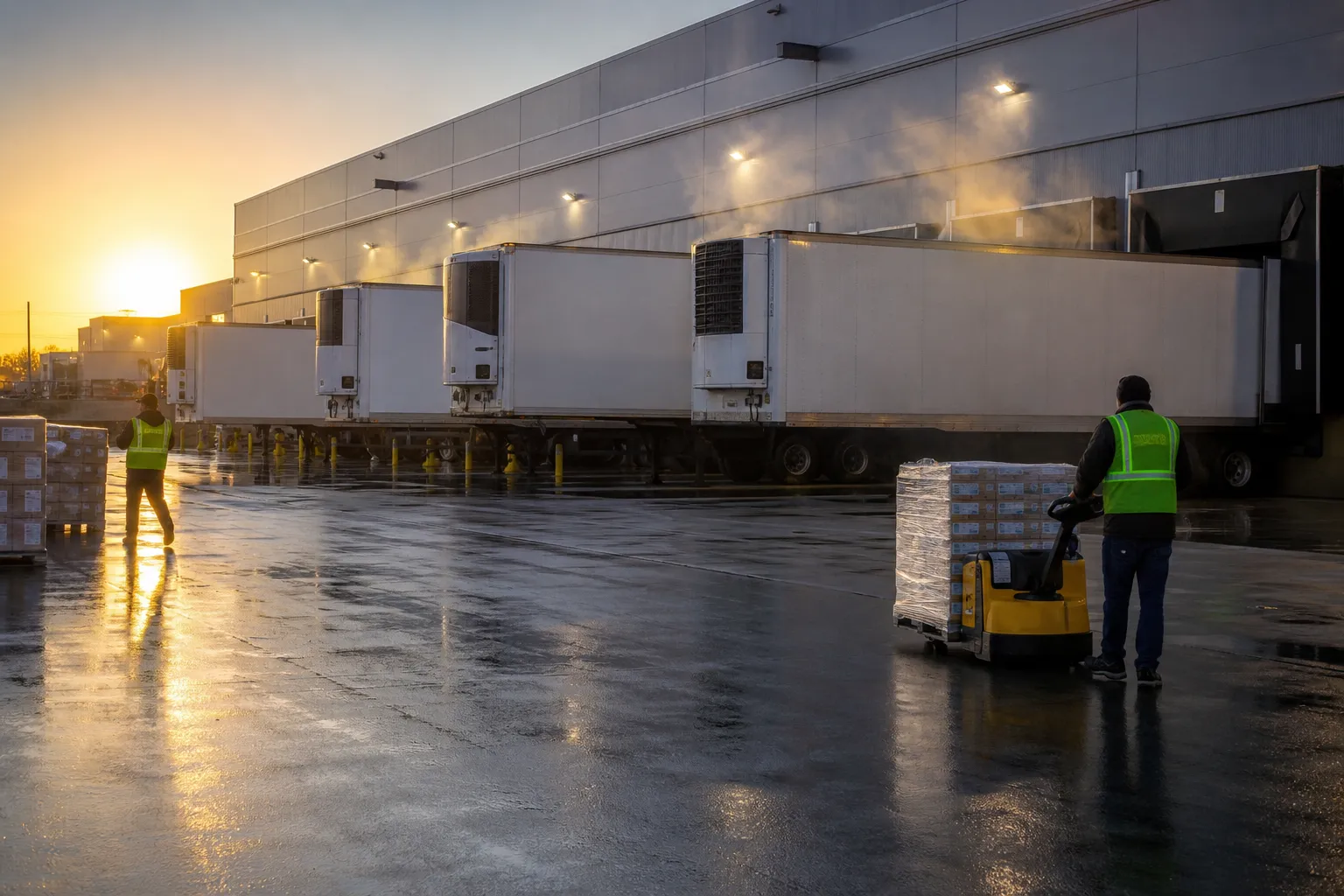 refrigerated trailers backed into dock doors at a grocery distribution center at sunrise