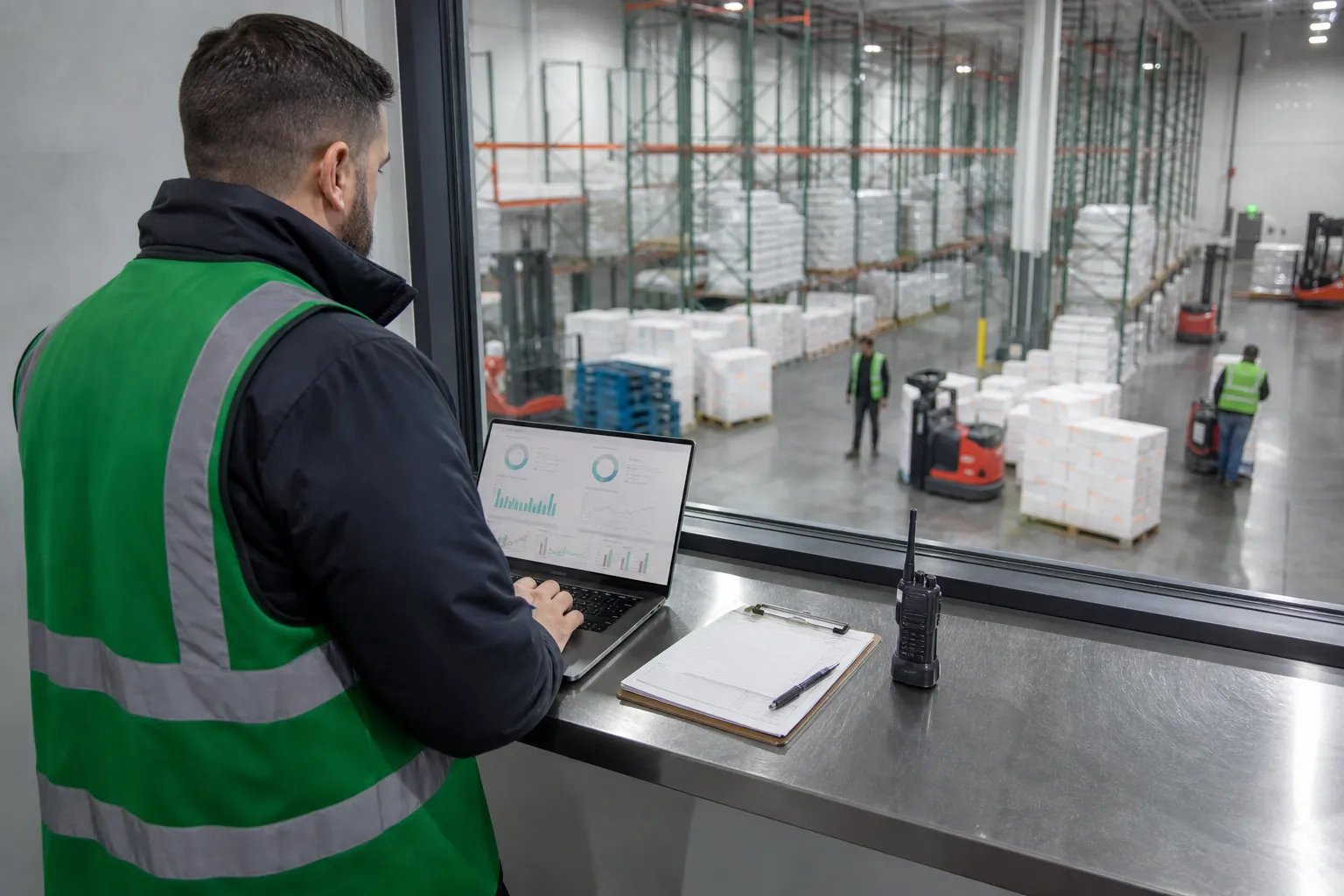 account manager reviewing throughput and accuracy metrics overlooking a grocery distribution center floor