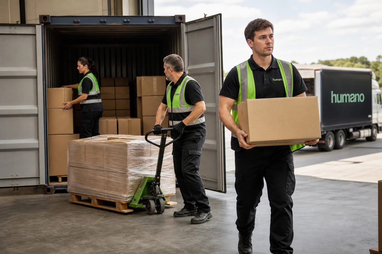 Logistics crew devanning a shipping container at a warehouse dock to control container unloading cost