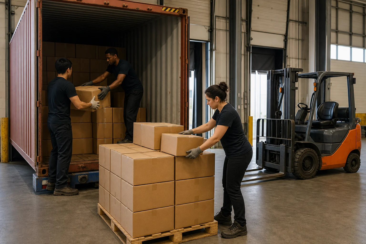 Warehouse crew devanning cartons from a floor-loaded shipping container onto pallets
