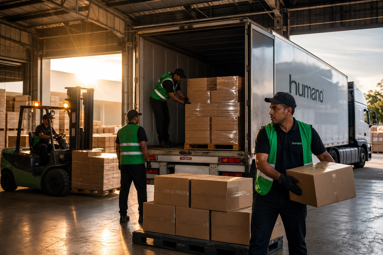 Warehouse crew unloading pallets from a trailer during a peak-season inbound surge