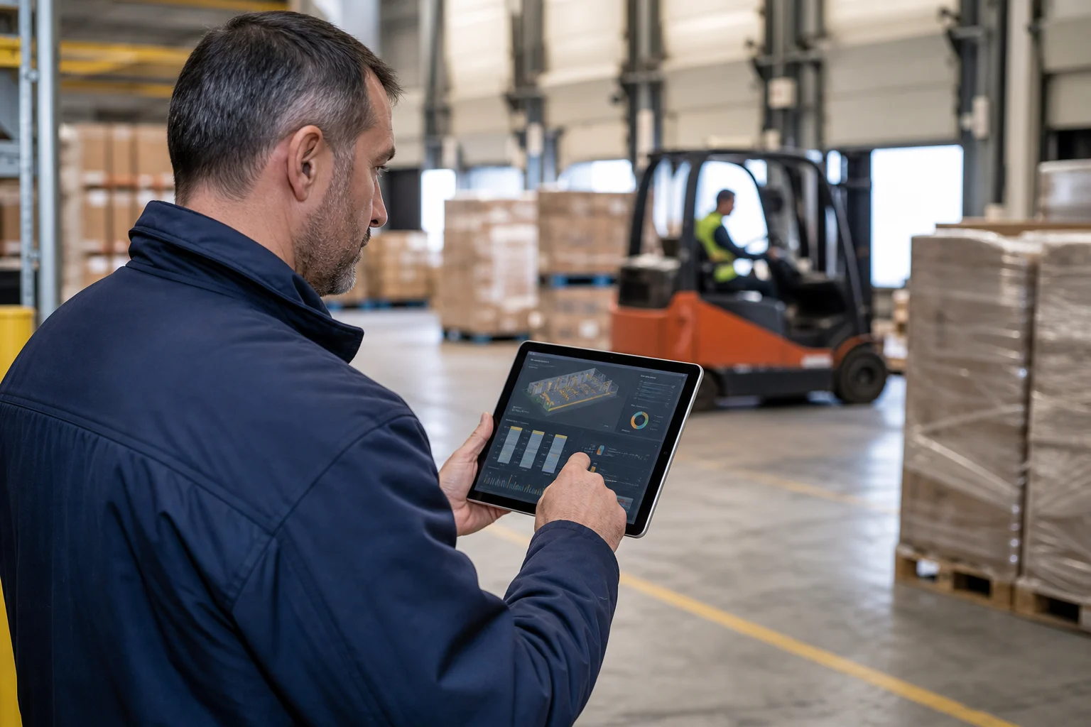 Warehouse dock crew unloading pallets from a trailer during a busy peak-season shift