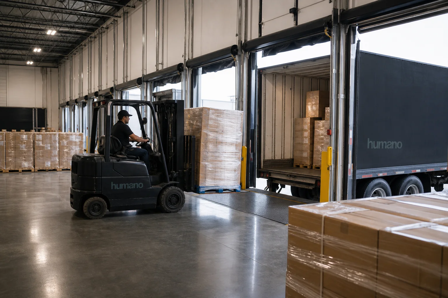 Warehouse crew sorting pallets between inbound and outbound trailers at a New Jersey cross-dock facility