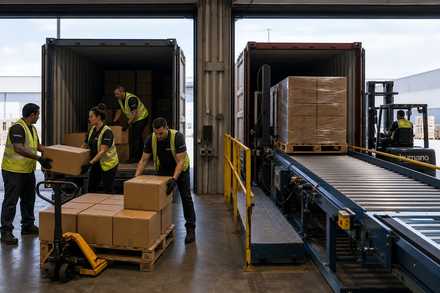 Logistics crew performing manual container unloading next to a mechanized conveyor system at a warehouse dock