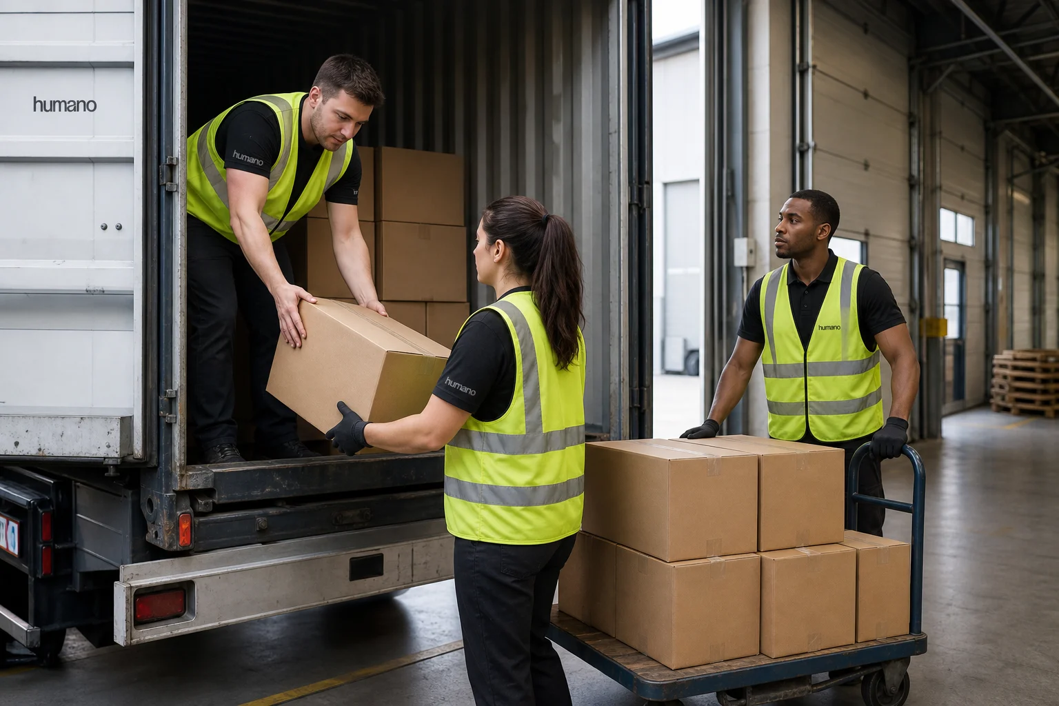 Logistics crew performing manual container unloading next to a mechanized conveyor system at a warehouse dock