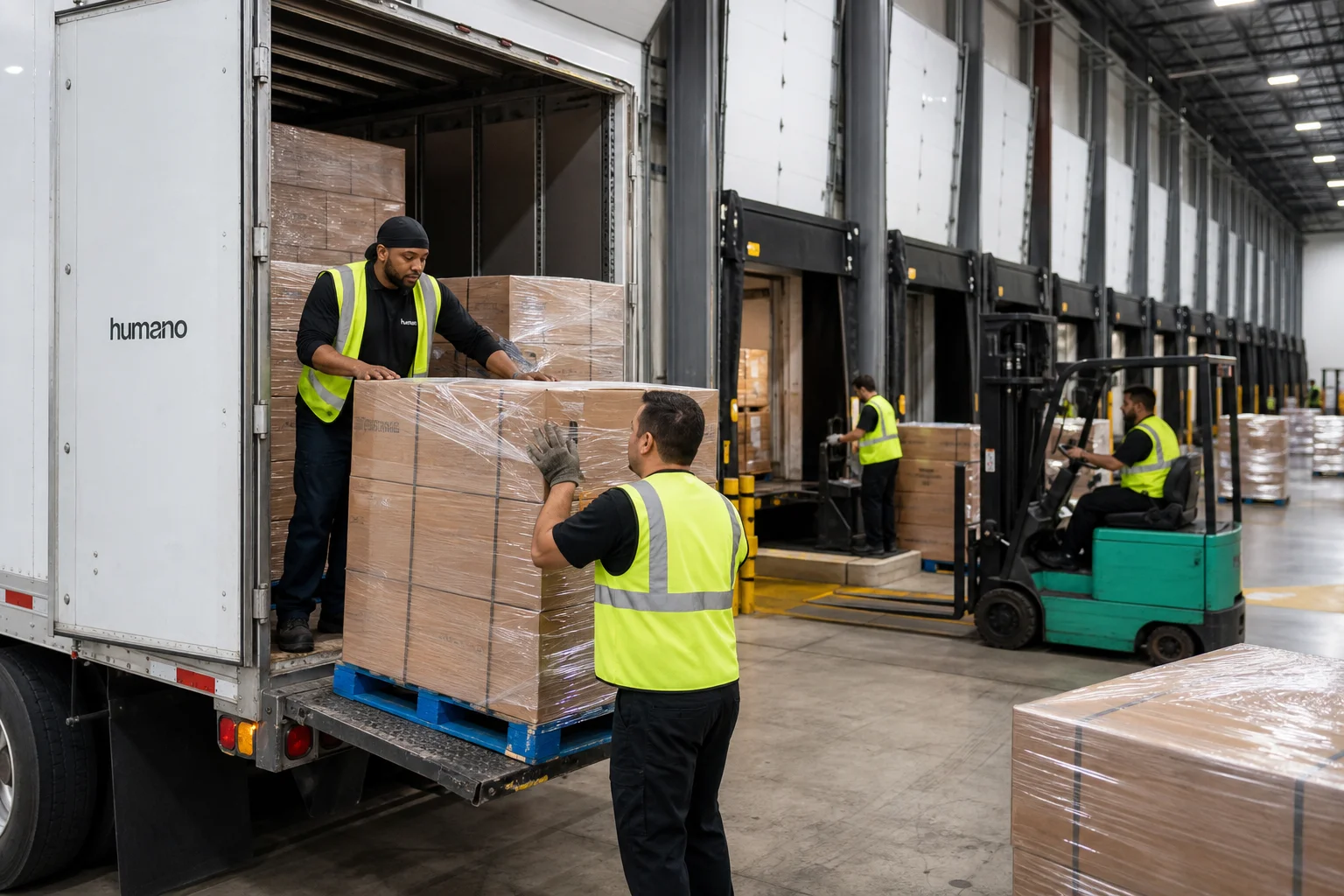 Lumper crew wearing branded safety vests unloading freight at multiple warehouse dock doors