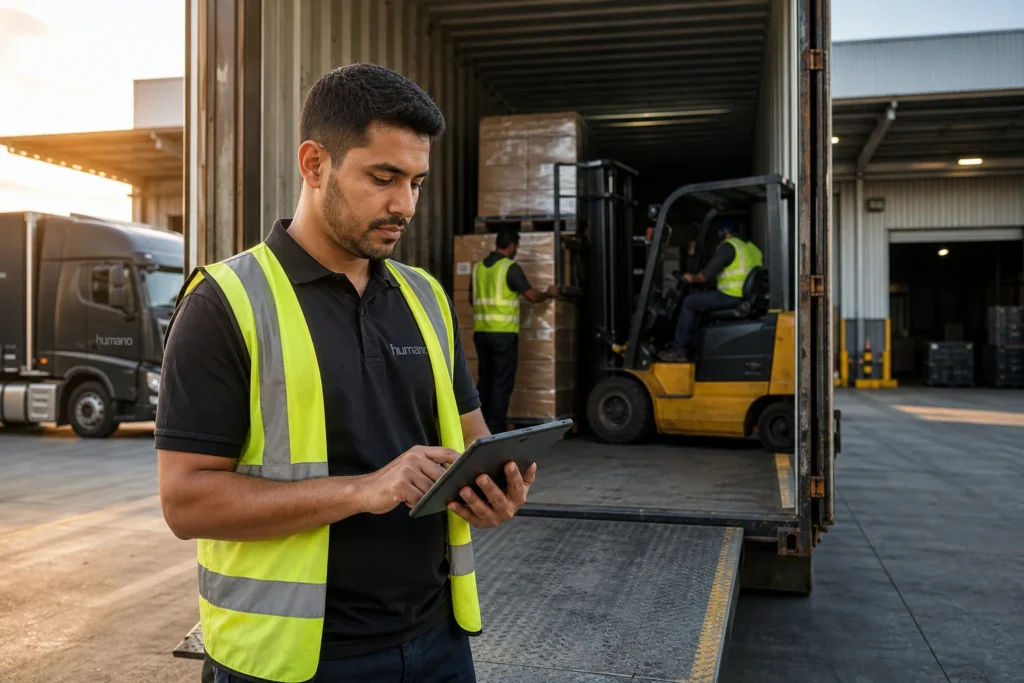 Humano crew lead demonstrating the onsite leadership structure that makes crew throughput repeatable at a warehouse dock