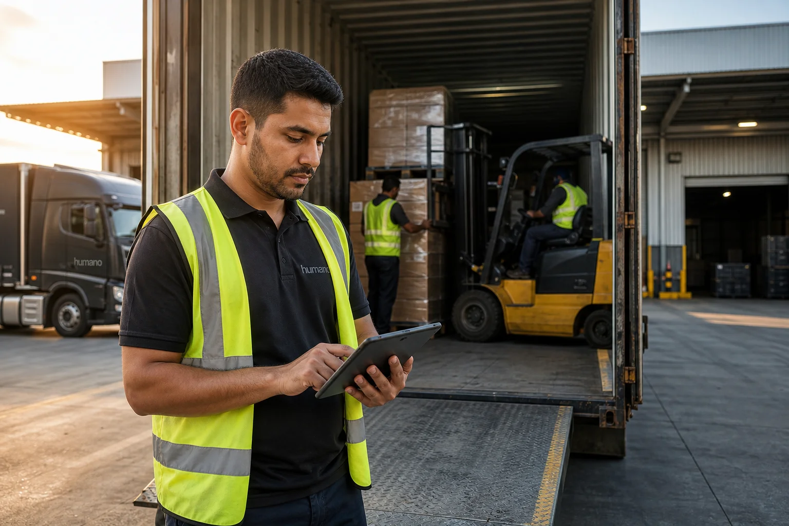 Humano crew lead demonstrating the onsite leadership structure that makes crew throughput repeatable at a warehouse dock