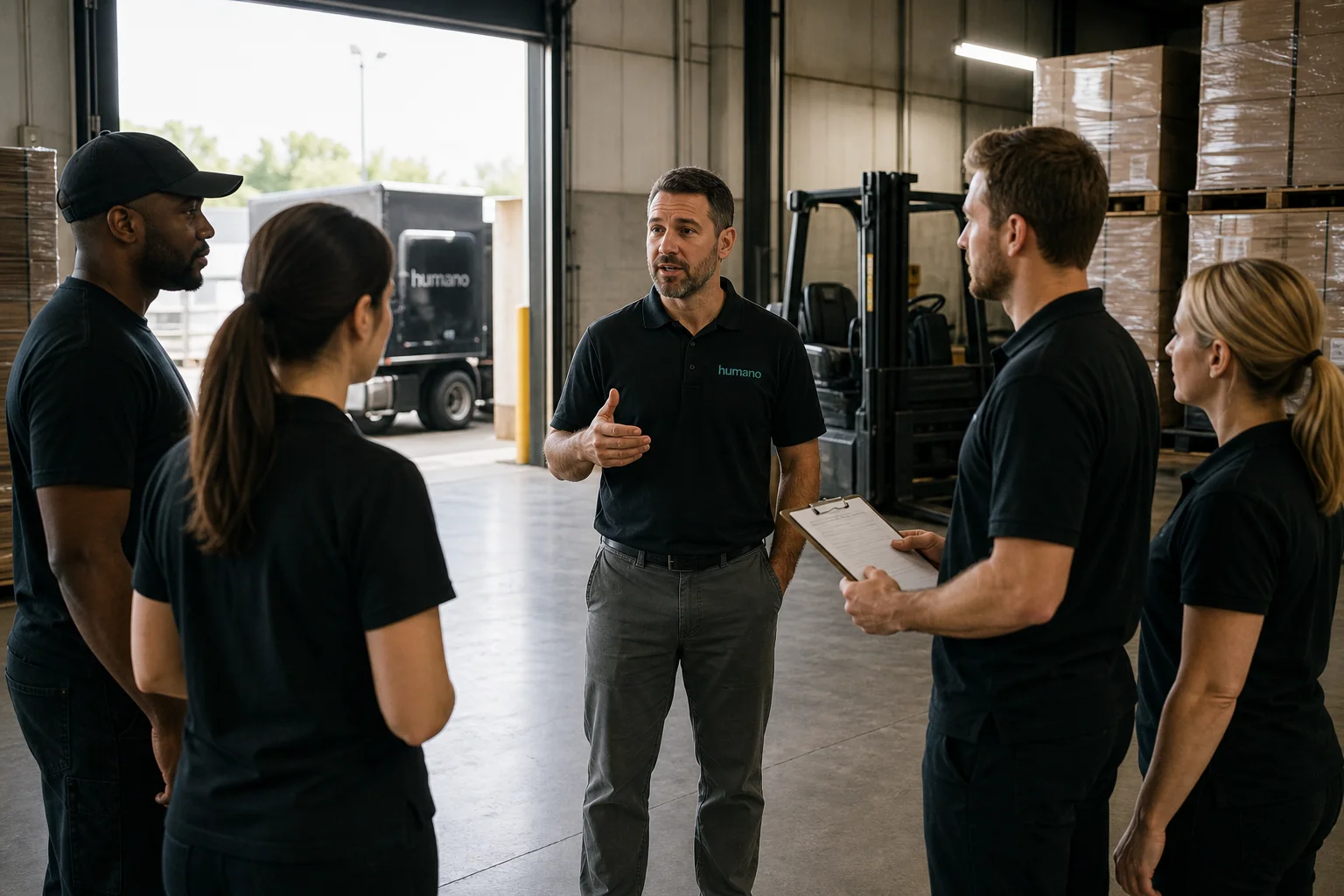 A crew lead leading a morning huddle with warehouse workers near a loading dock