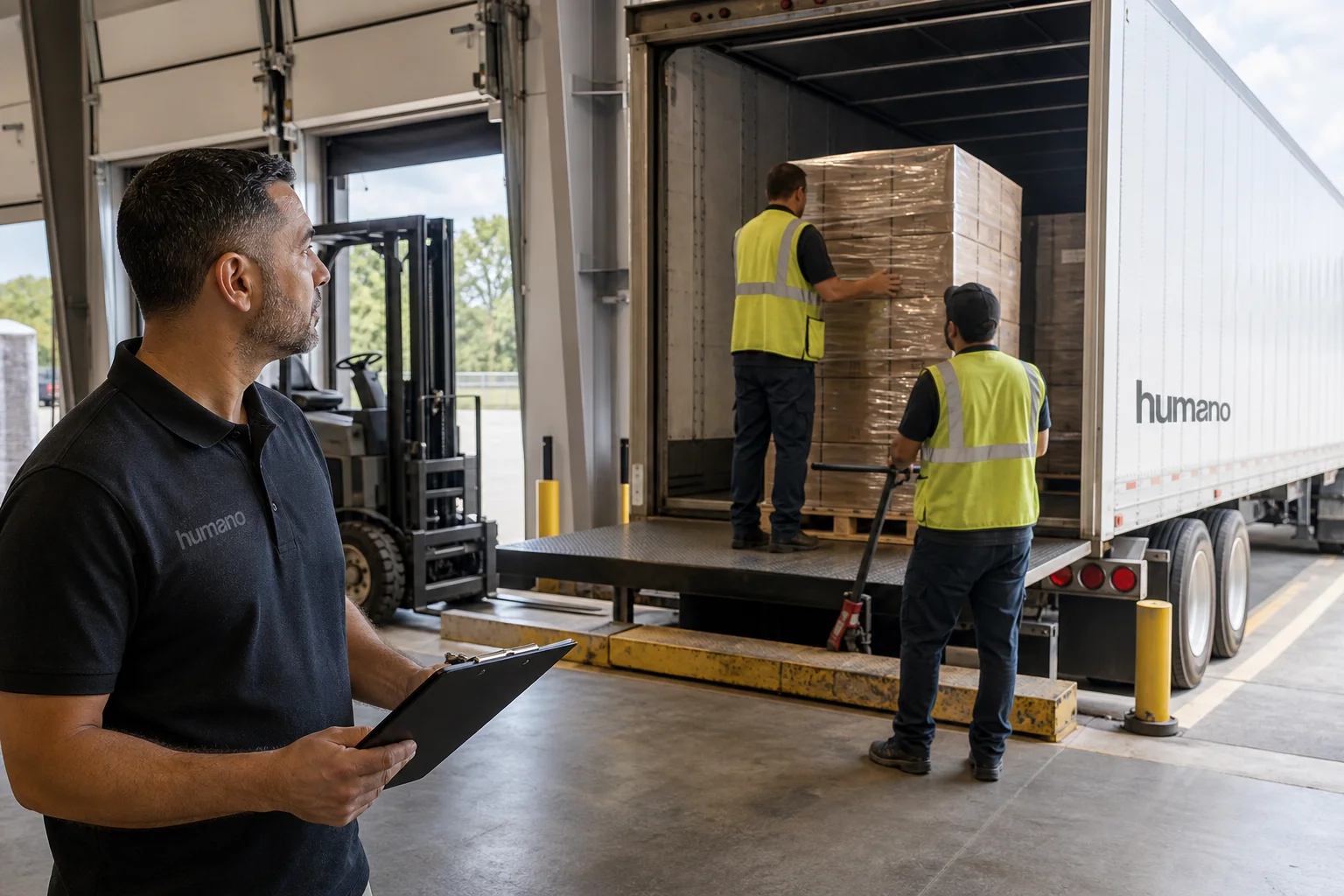 Warehouse supervisor overseeing a dock crew loading pallets onto a delivery trailer at a retail distribution center