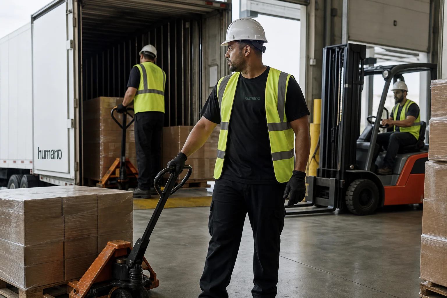 Warehouse lumper crew wearing safety vests unloading palletized freight from a trailer at an inbound dock