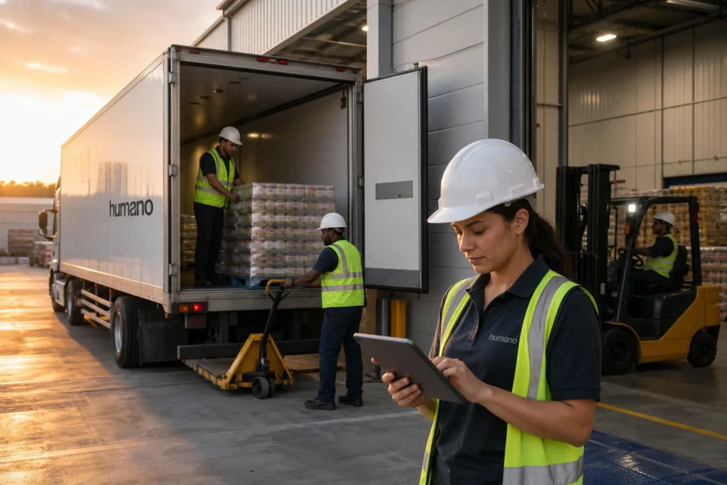 Humano food DC labor crew documenting the receiving audit trail while unloading a refrigerated trailer at the dock