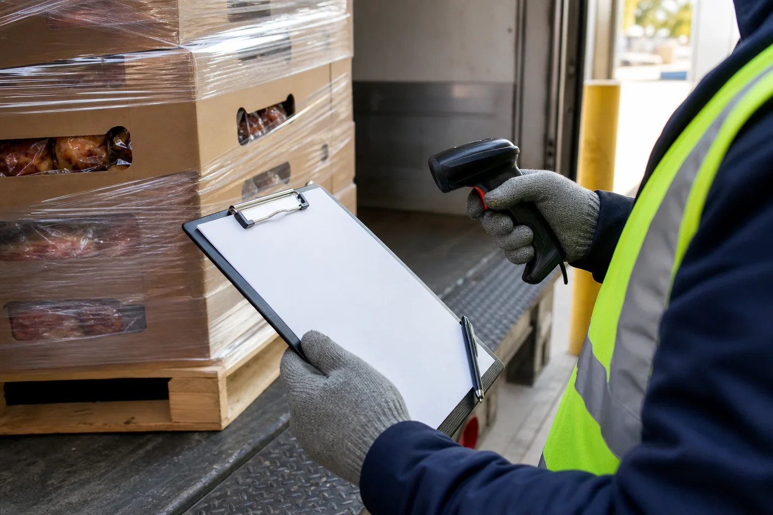 Warehouse worker scanning a pallet label and checking a temperature log clipboard at a food DC receiving dock