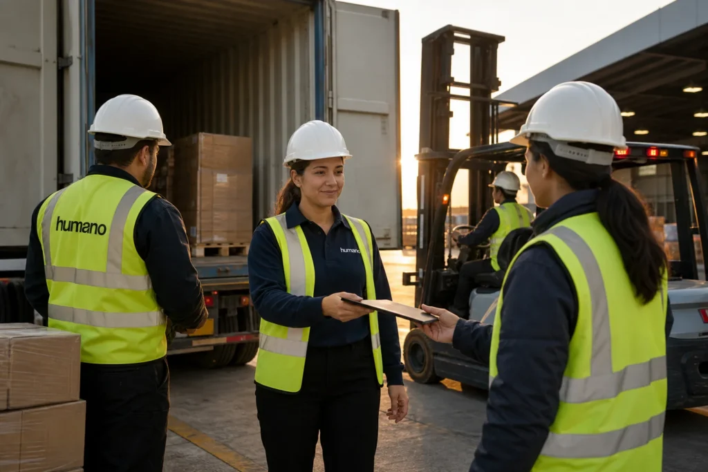 Outgoing and incoming lumper crews switching lumper providers at a warehouse loading dock