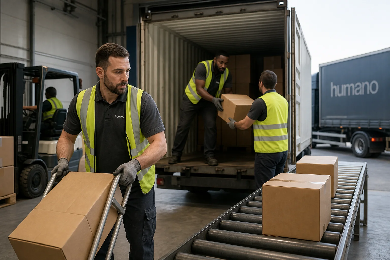 Outgoing and incoming lumper crews working side by side unloading a freight container during a provider transition