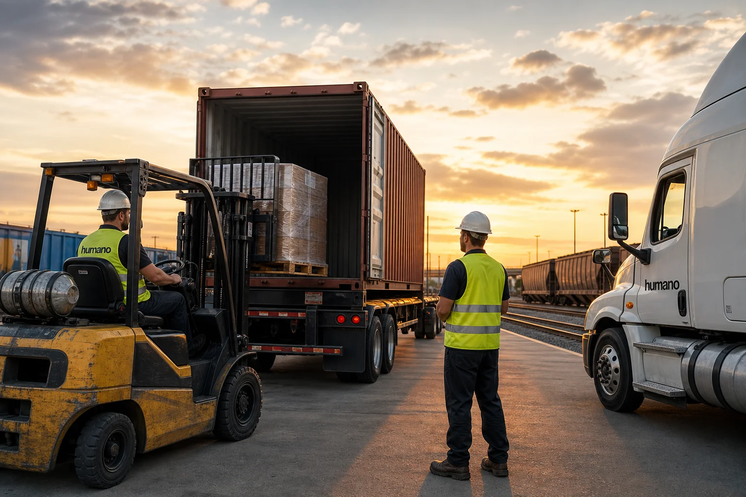 Warehouse crew transferring palletized freight from a shipping container onto a truck, illustrating what drives transloading cost