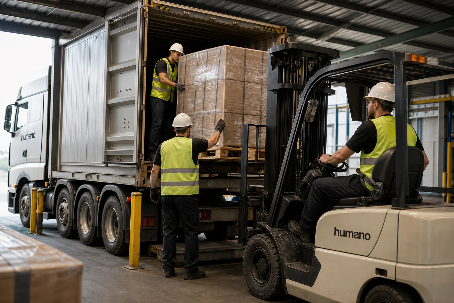 Warehouse crew transferring palletized freight from a container onto a truck at a transload facility