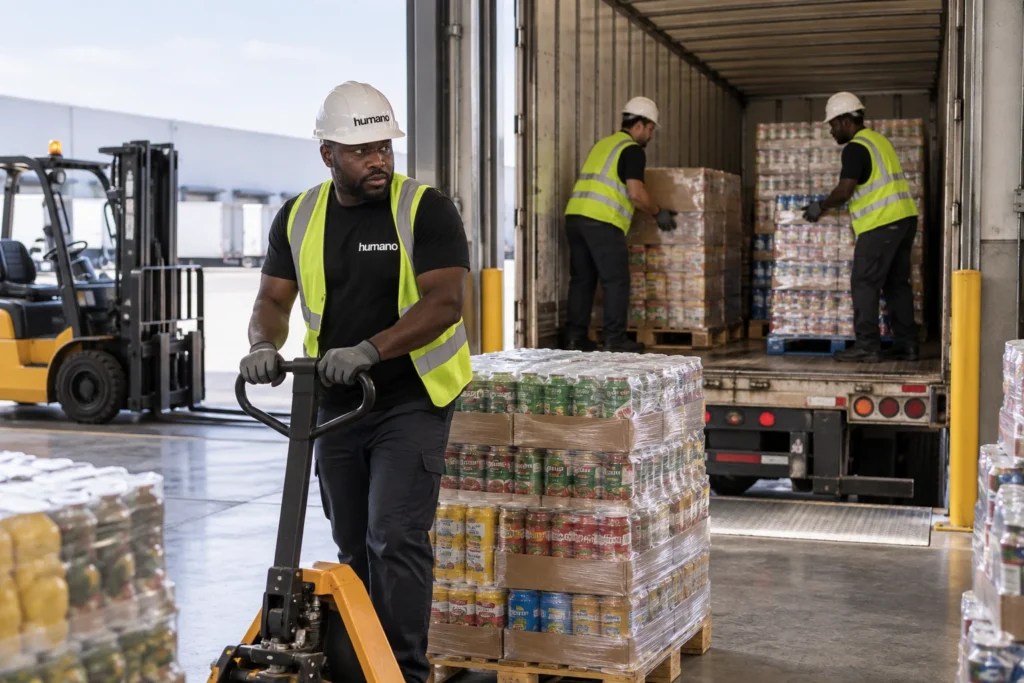 Lumper crew unloading a grocery trailer at a high-volume distribution center dock