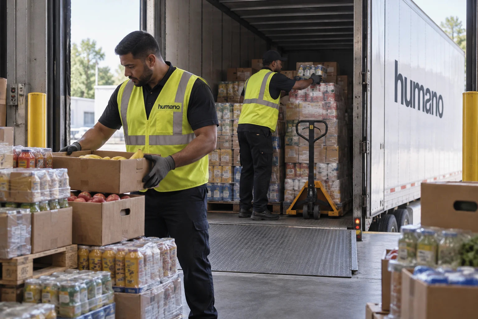 Lumper crew unloading palletized grocery freight from a trailer onto a distribution center dock