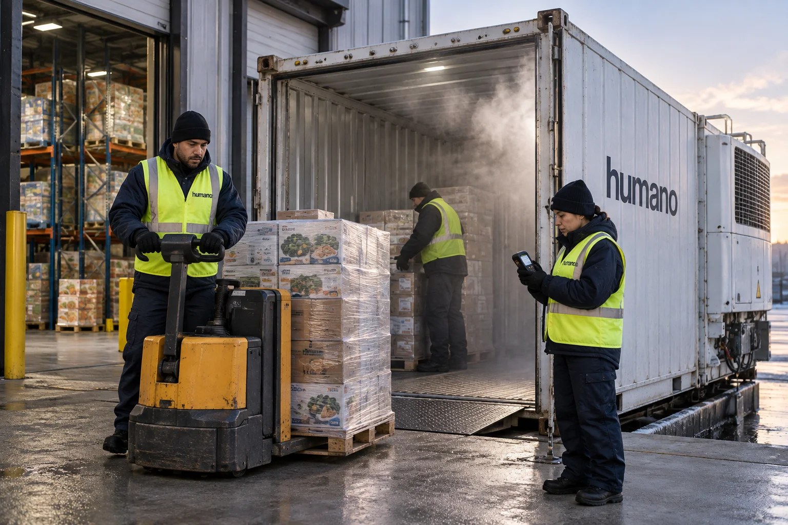 Reefer container unloading crew moving frozen pallets from an open refrigerated container onto a cold storage dock