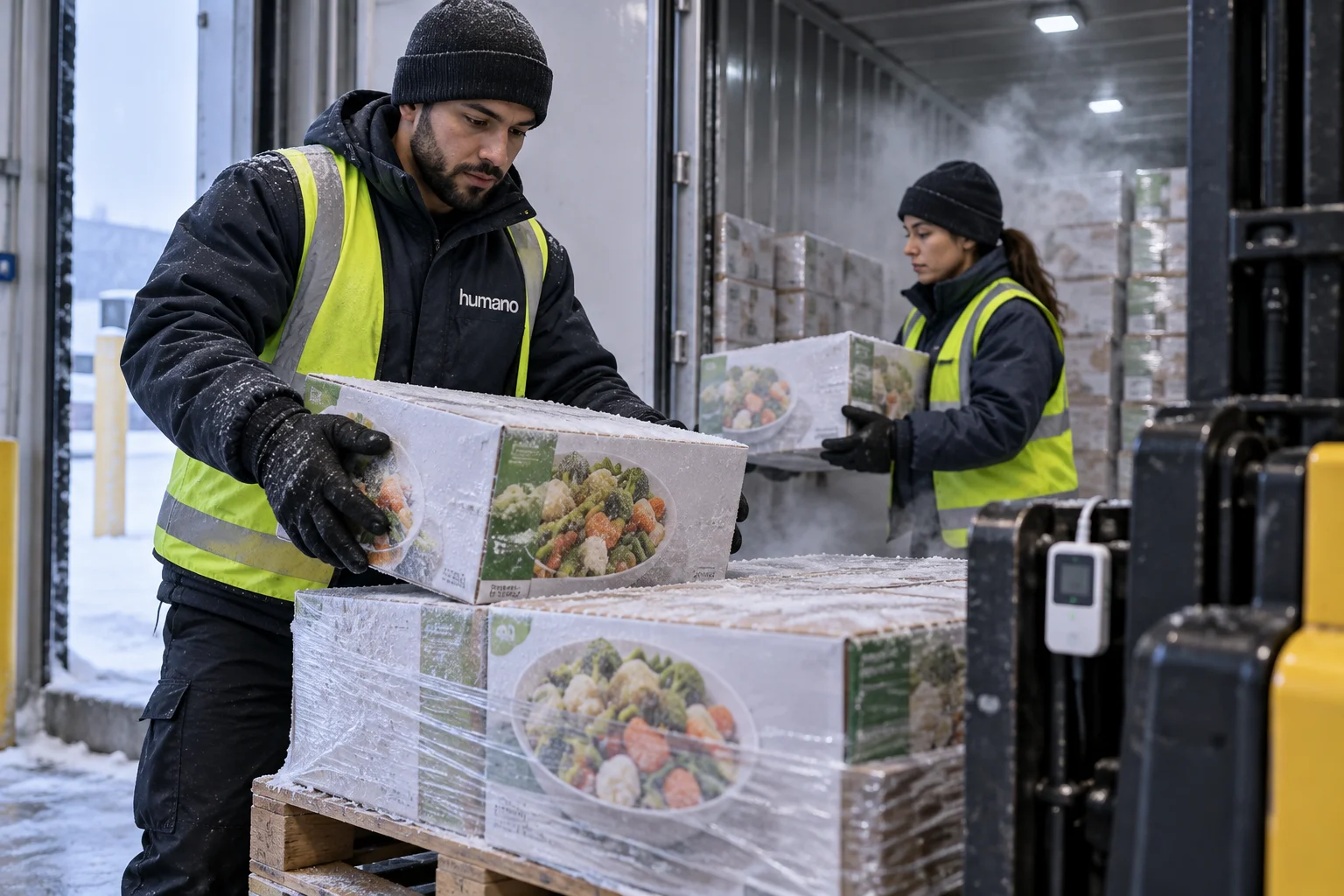 Warehouse crew unloading palletized frozen goods from a refrigerated shipping container onto a cold storage dock