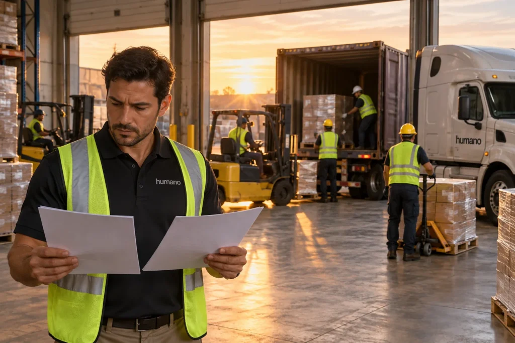 Warehouse supervisor comparing two labor staffing quotes on a clipboard at a loading dock with a lumper crew unloading a container