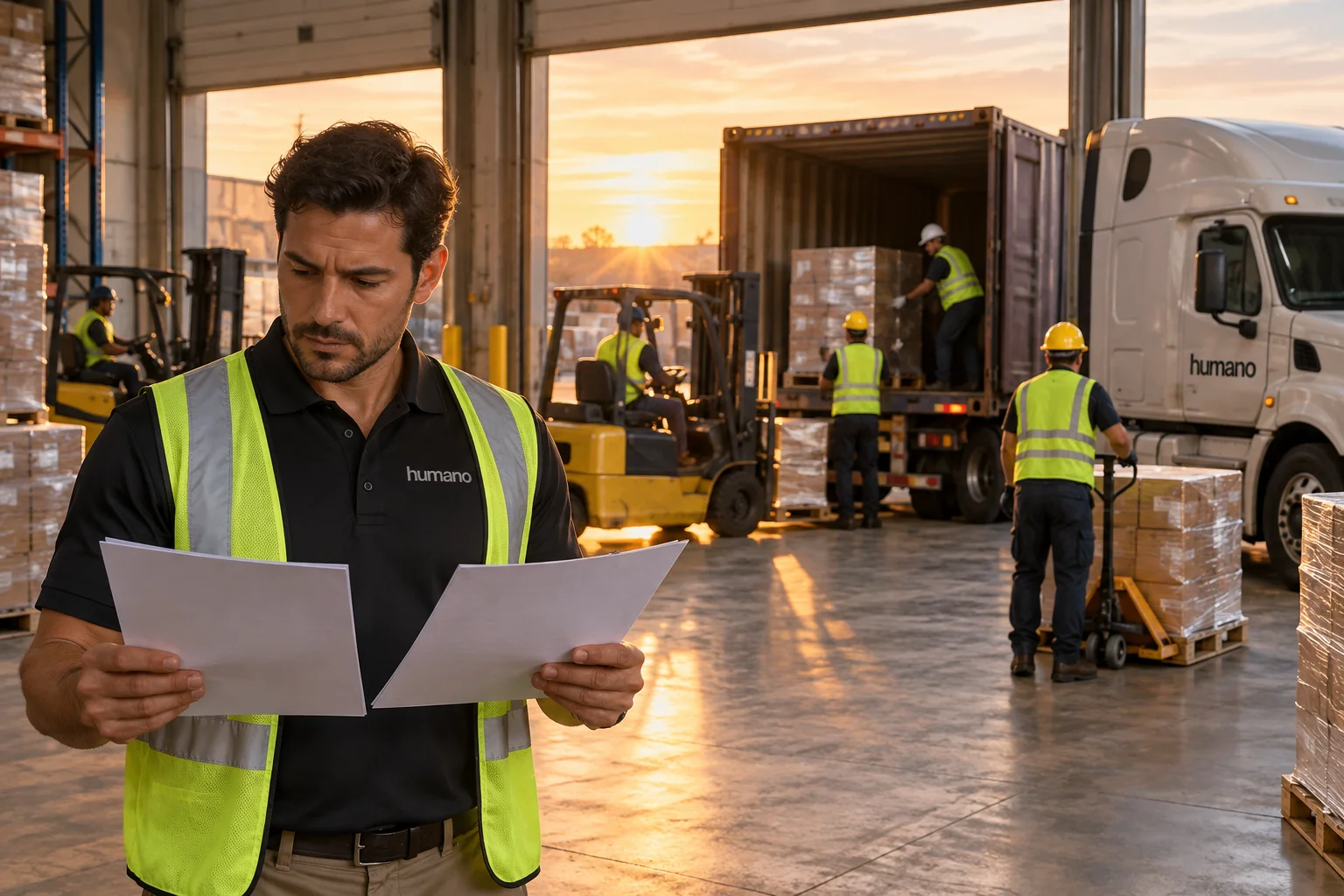 Warehouse supervisor comparing two labor staffing quotes on a clipboard at a loading dock with a lumper crew unloading a container