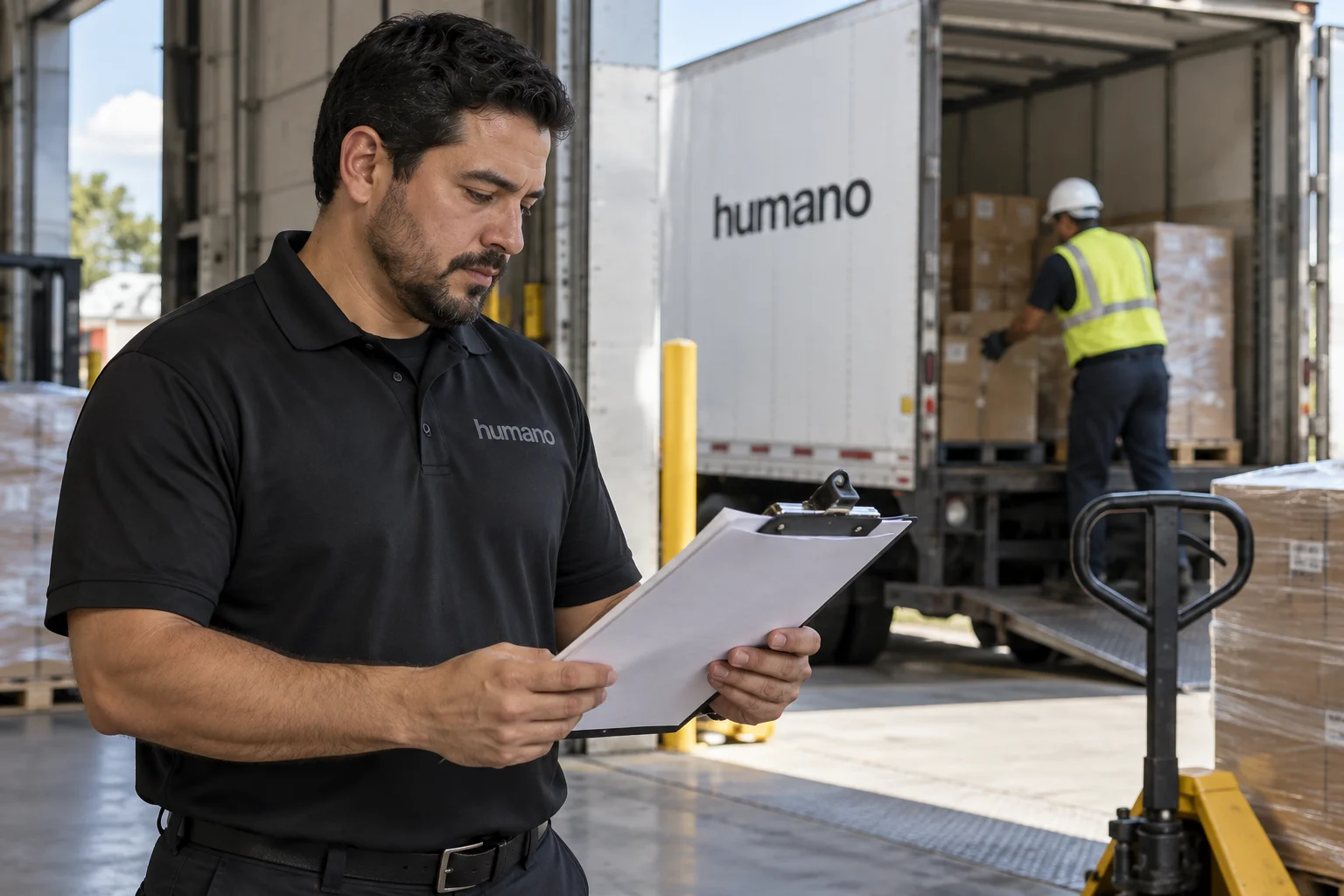 Warehouse supervisor and dock worker reviewing a printed labor staffing quote near a loading dock