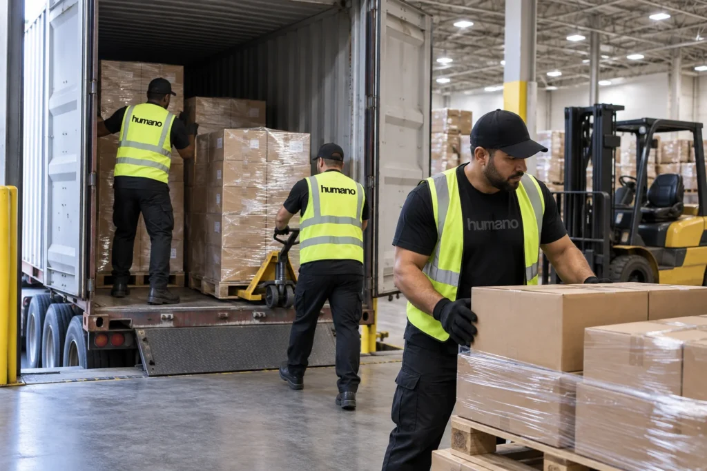 Warehouse crew loading a shipping container for the FHI vs. Humano labor comparison