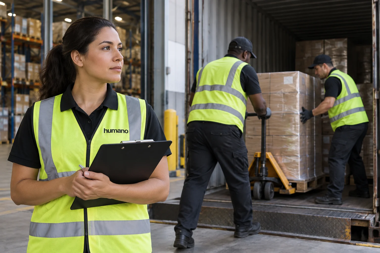 Warehouse supervisor overseeing a lumper crew unloading pallets from a shipping container