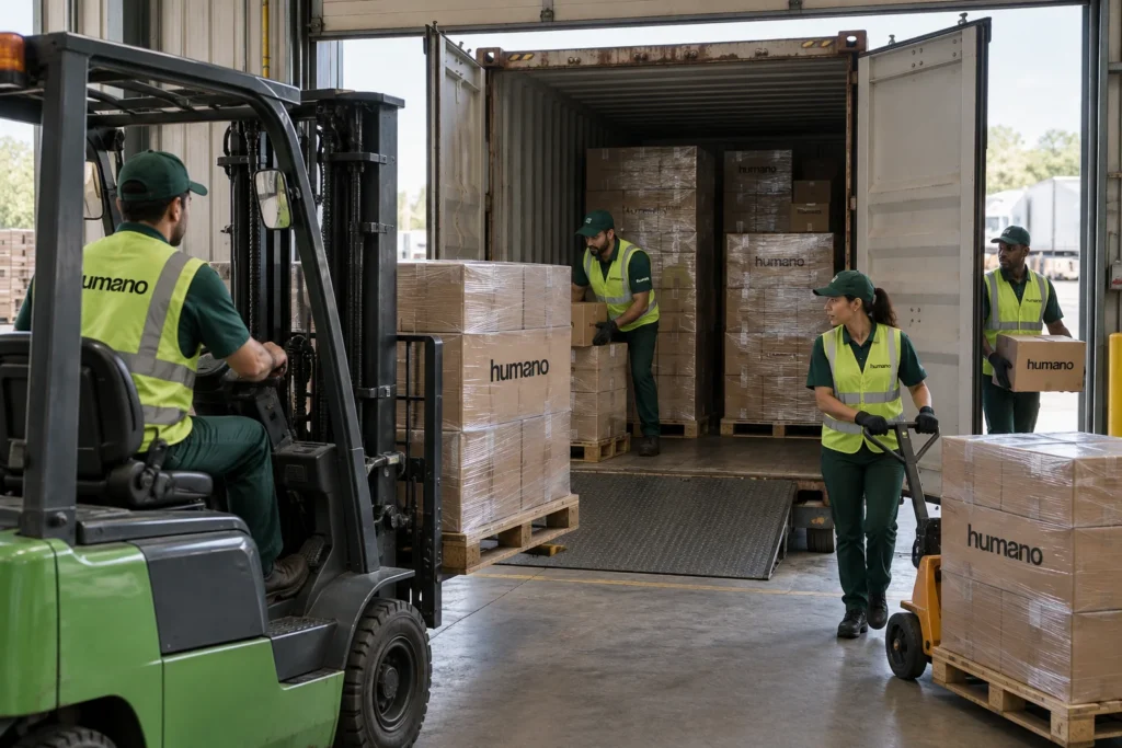 Container unloading service crew unloading palletized freight from a shipping container at a warehouse dock