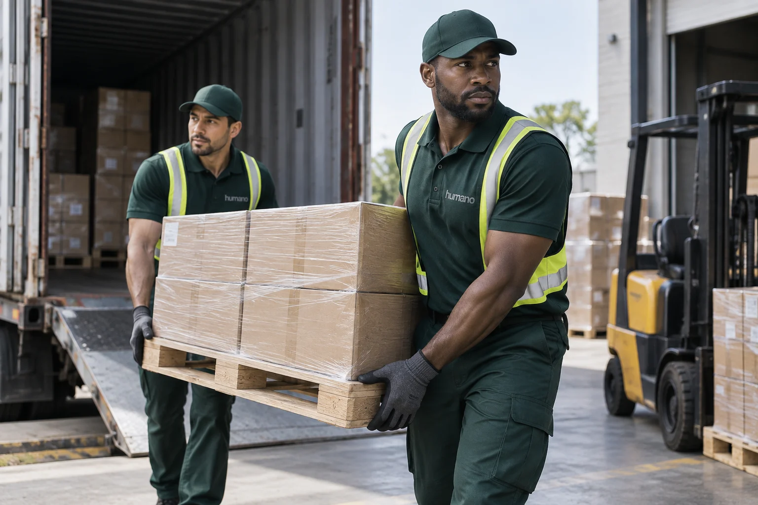 Lumper crew in green Humano uniforms unloading palletized boxes from a shipping container