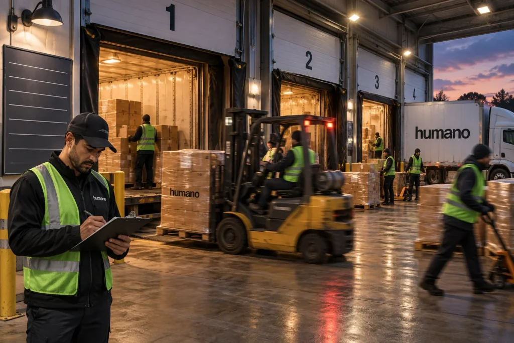 Humano dock crew holding outbound throughput through Black Friday week at a busy warehouse loading dock