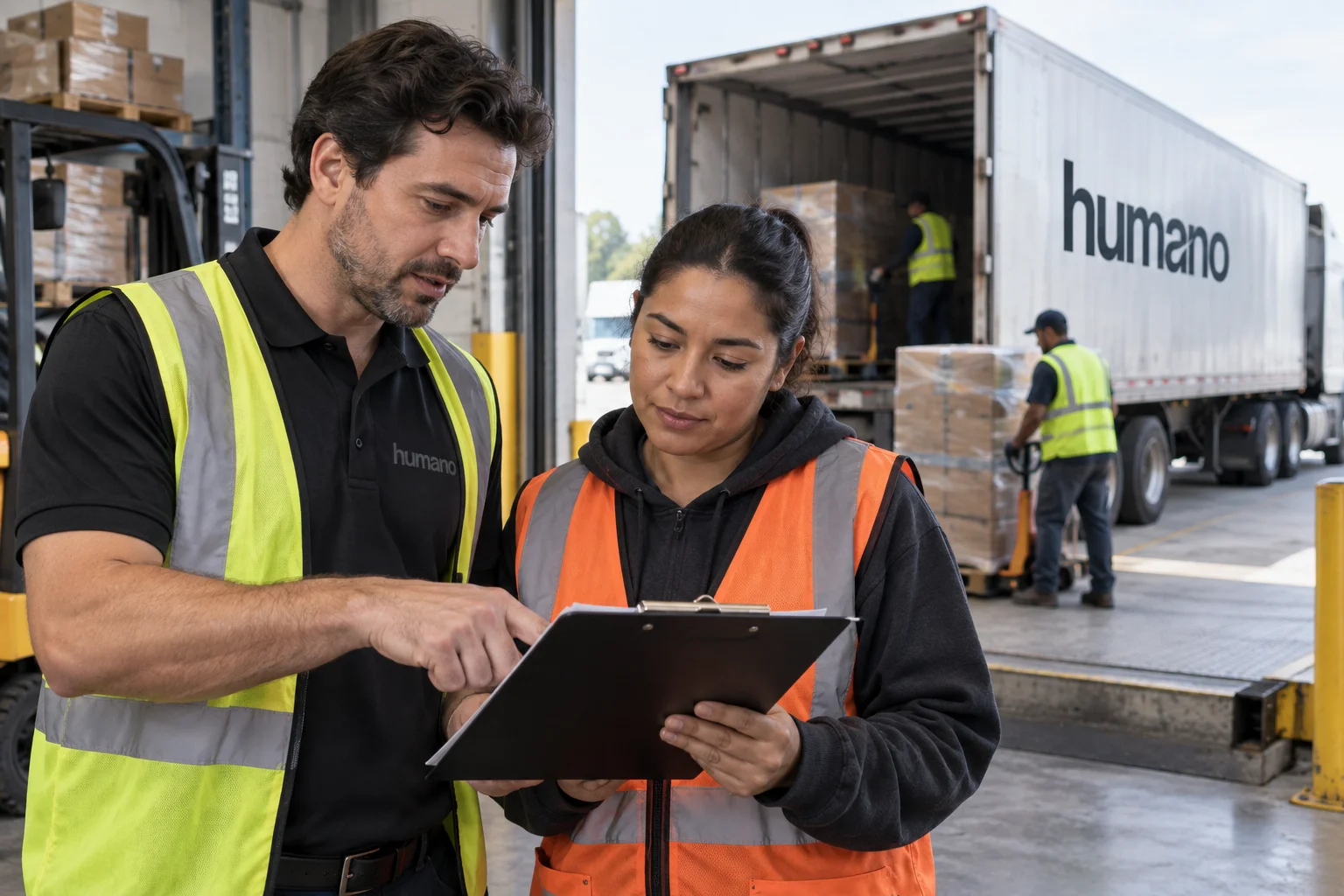 Warehouse supervisor and contracted crew lead reviewing a service contract at the loading dock