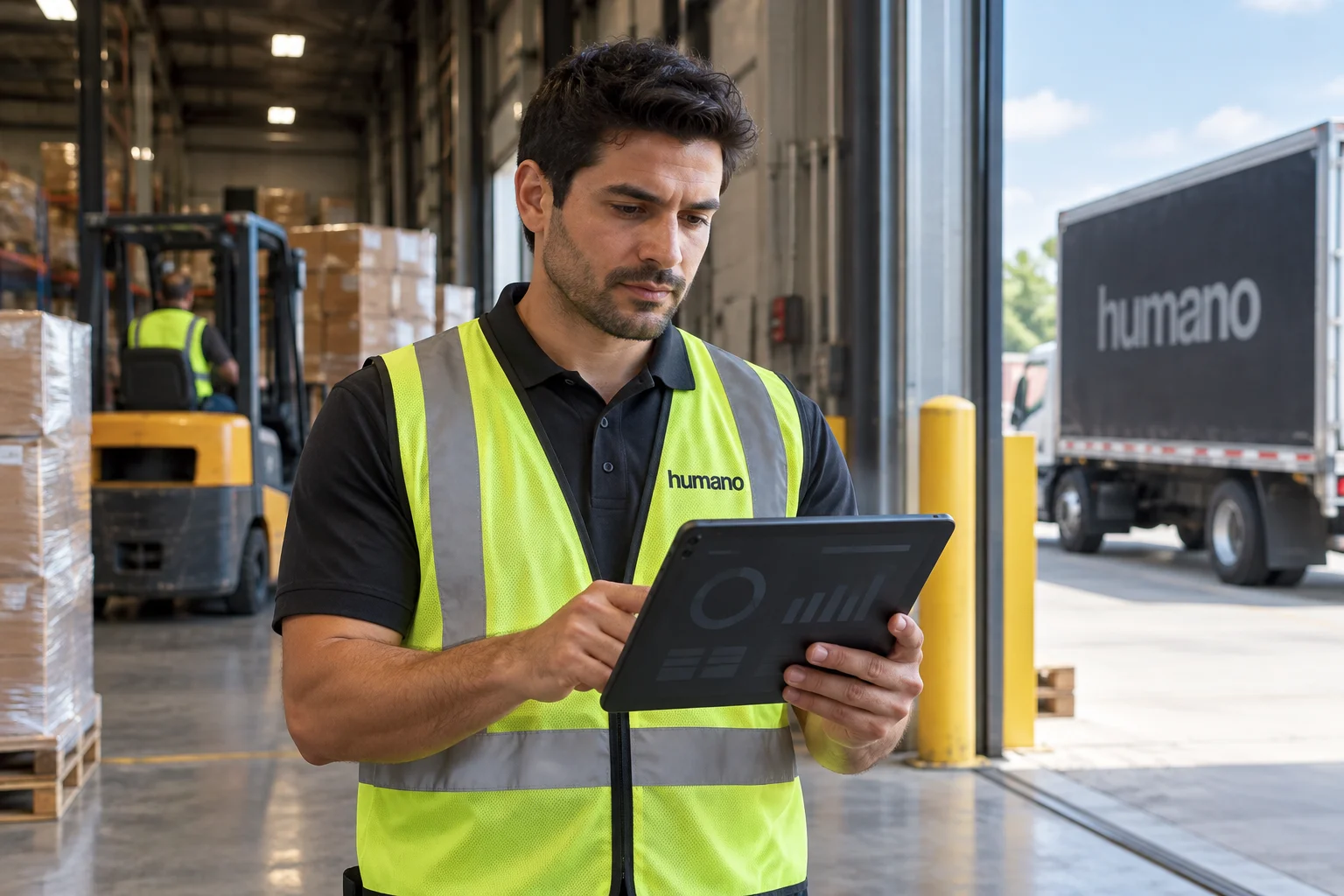 Warehouse supervisor reviewing dock labor SLA performance metrics on a tablet near a loading dock